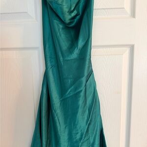 Beginning Boutique Teal Satin Evening Gown
